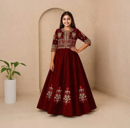 2 Pcs Girl's Shamoz Silk Embroidered Maxi & Jacket