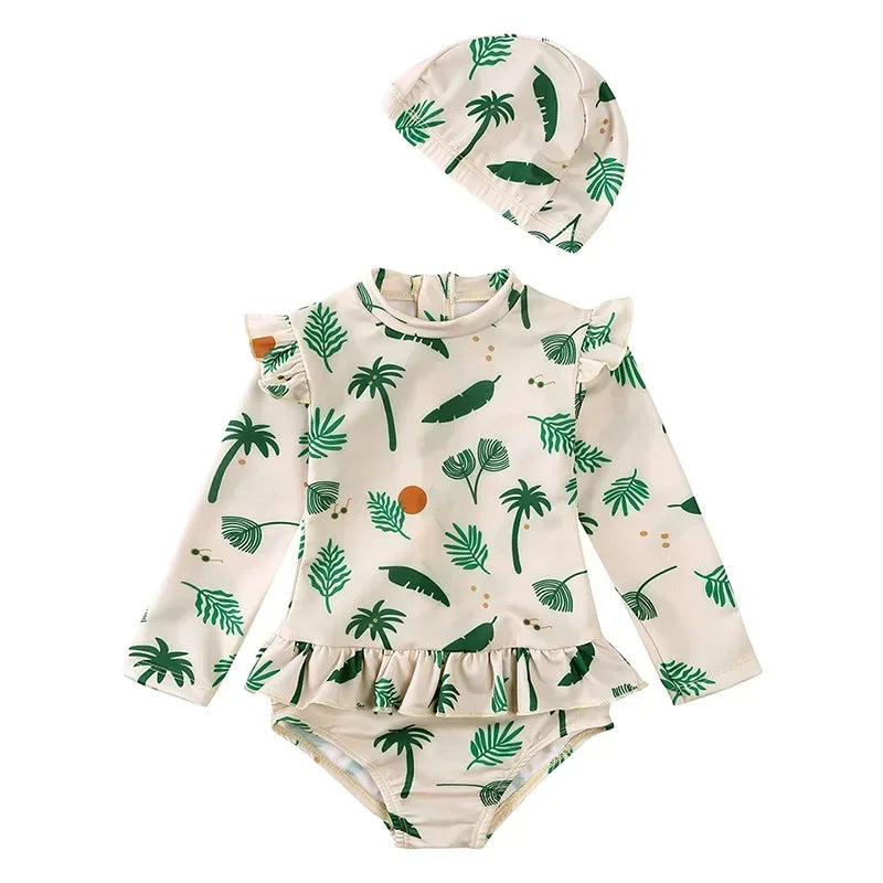 UV Baby Girl Swimsuit One Piece Swimming Jumpsuit Ruffles Bathing Suit SPF 50 Long Sleeve Kids Swimwear for Girls 1-7 Years