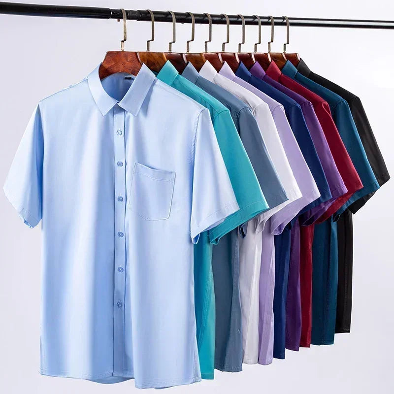 2026 NEW IN Summer Men's Shirt Non-Ironing Anti-Wrinkle Business Casual Solid Color Elastic Smooth Short Sleeves Work Social