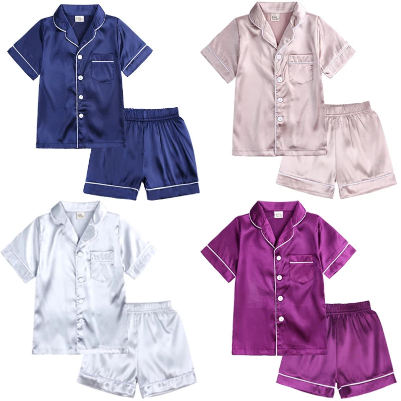 Comfortable Summer Pajama Sets for Boys Girls Silk Satin Top+Pant Long Sleeve Solid Silky Pyjamas Nightgown Children Sleepwear