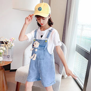 3-10 Years Girls Suspender Jeans Cute Bear Doll Overalls New Fashion Korean Teenage Girls Denim Shorts Children Birthday Present