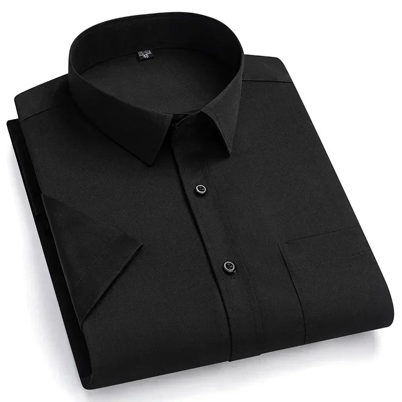 2026 NEW IN Summer Men's Shirt Non-Ironing Anti-Wrinkle Business Casual Solid Color Elastic Smooth Short Sleeves Work Social