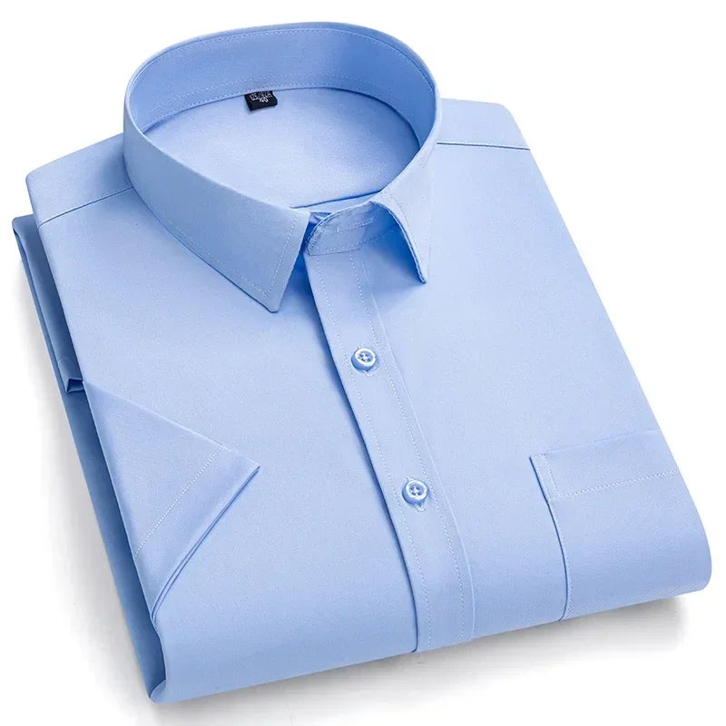 2026 NEW IN Summer Men's Shirt Non-Ironing Anti-Wrinkle Business Casual Solid Color Elastic Smooth Short Sleeves Work Social