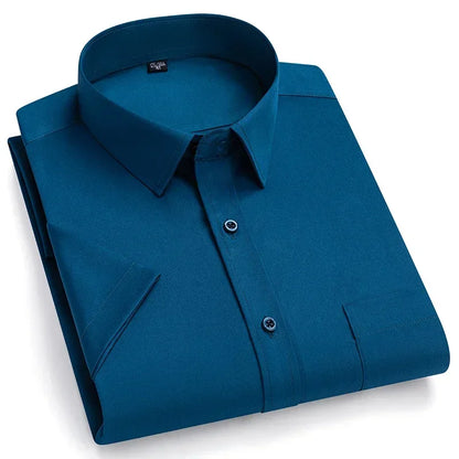 2026 NEW IN Summer Men's Shirt Non-Ironing Anti-Wrinkle Business Casual Solid Color Elastic Smooth Short Sleeves Work Social