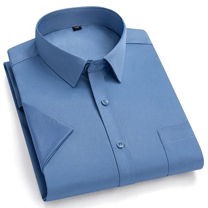 2026 NEW IN Summer Men's Shirt Non-Ironing Anti-Wrinkle Business Casual Solid Color Elastic Smooth Short Sleeves Work Social