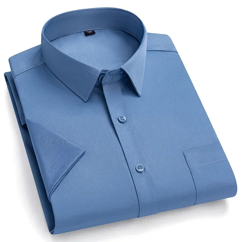 2026 NEW IN Summer Men's Shirt Non-Ironing Anti-Wrinkle Business Casual Solid Color Elastic Smooth Short Sleeves Work Social