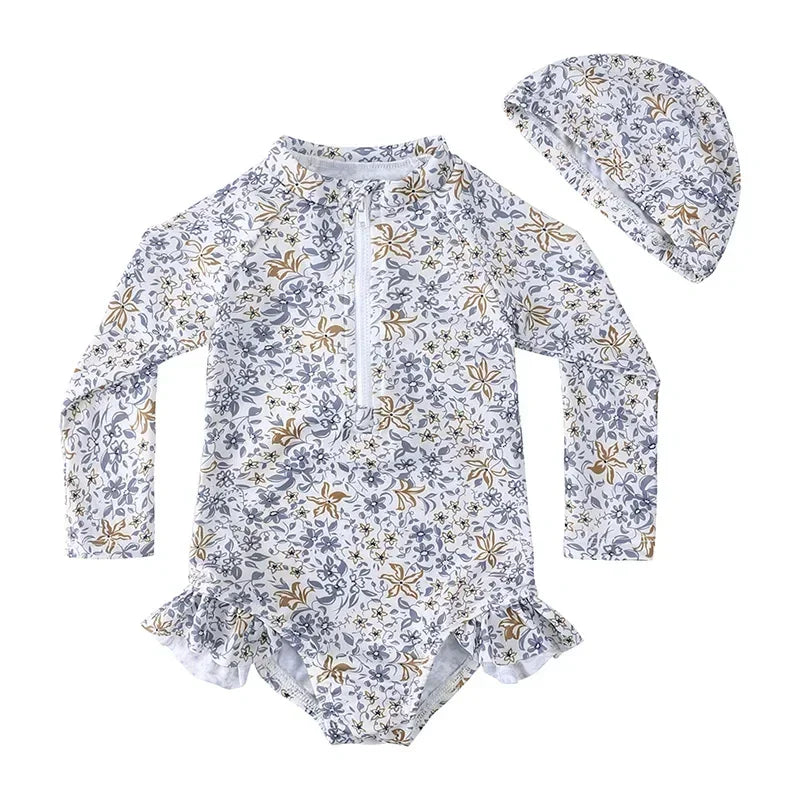UV Baby Girl Swimsuit One Piece Swimming Jumpsuit Ruffles Bathing Suit SPF 50 Long Sleeve Kids Swimwear for Girls 1-7 Years