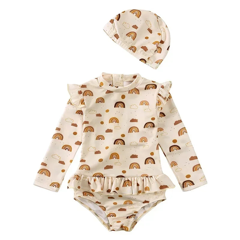 UV Baby Girl Swimsuit One Piece Swimming Jumpsuit Ruffles Bathing Suit SPF 50 Long Sleeve Kids Swimwear for Girls 1-7 Years