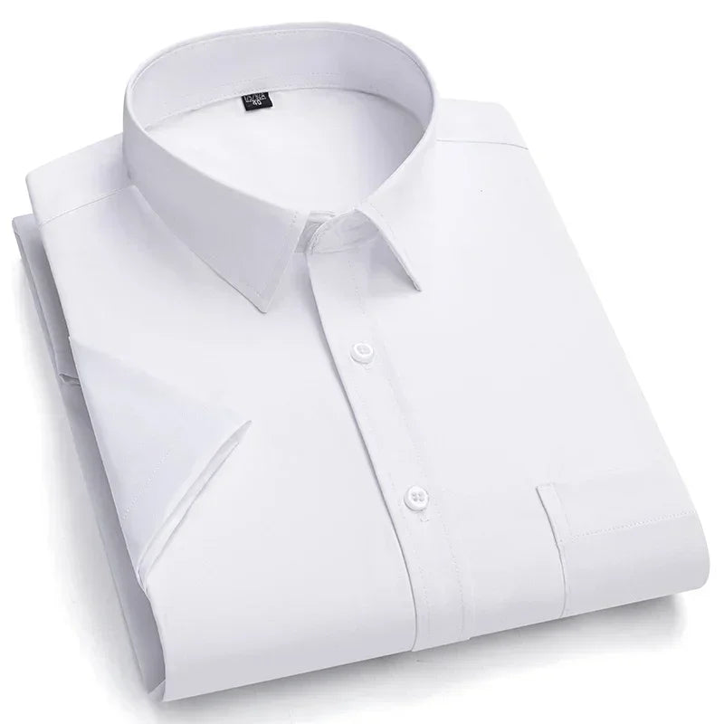 2026 NEW IN Summer Men's Shirt Non-Ironing Anti-Wrinkle Business Casual Solid Color Elastic Smooth Short Sleeves Work Social
