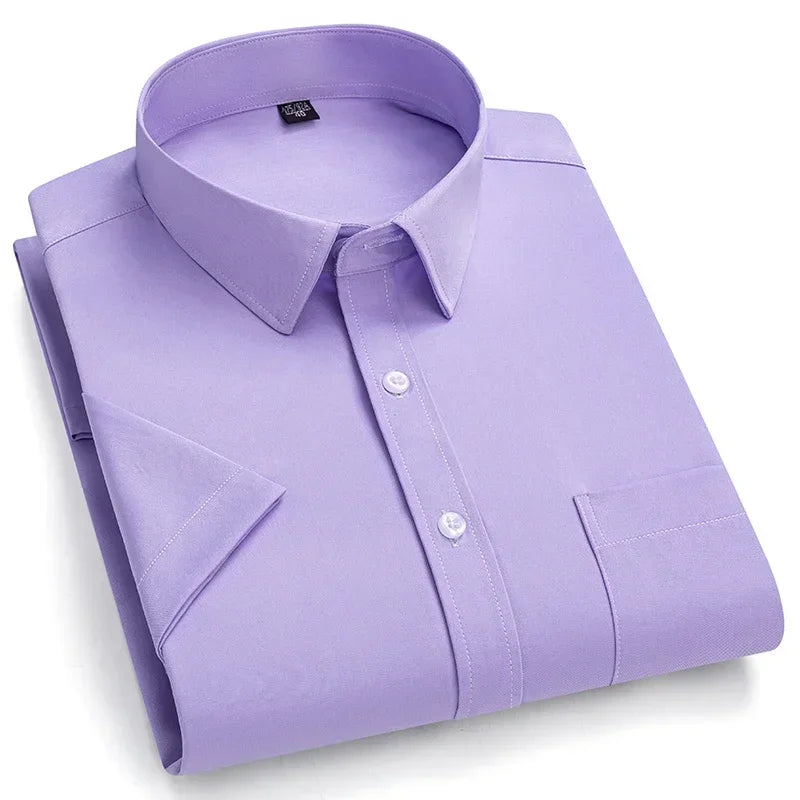 2026 NEW IN Summer Men's Shirt Non-Ironing Anti-Wrinkle Business Casual Solid Color Elastic Smooth Short Sleeves Work Social