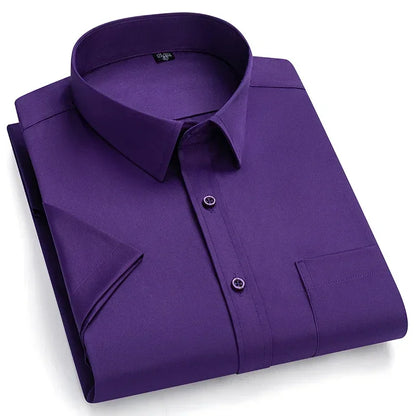 2026 NEW IN Summer Men's Shirt Non-Ironing Anti-Wrinkle Business Casual Solid Color Elastic Smooth Short Sleeves Work Social