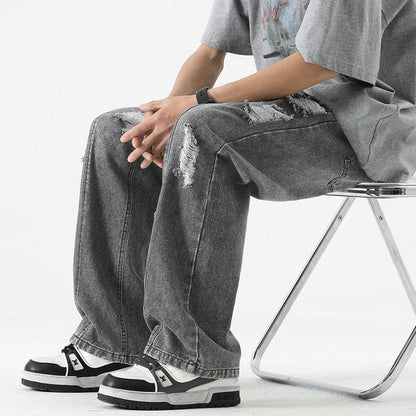 Men's Summer Ripped Jeans Loose Straight Leg Retro Men Draw Rope Port Fashion Brand All-match Casual Pants