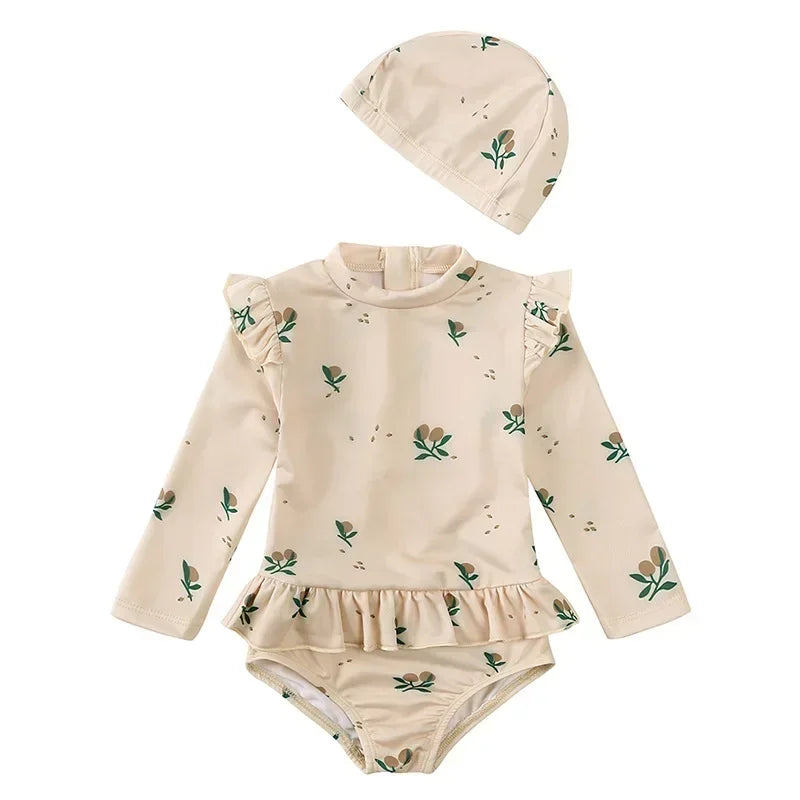 UV Baby Girl Swimsuit One Piece Swimming Jumpsuit Ruffles Bathing Suit SPF 50 Long Sleeve Kids Swimwear for Girls 1-7 Years