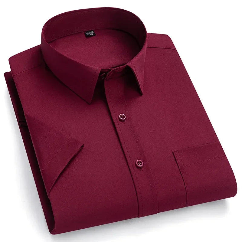 2026 NEW IN Summer Men's Shirt Non-Ironing Anti-Wrinkle Business Casual Solid Color Elastic Smooth Short Sleeves Work Social