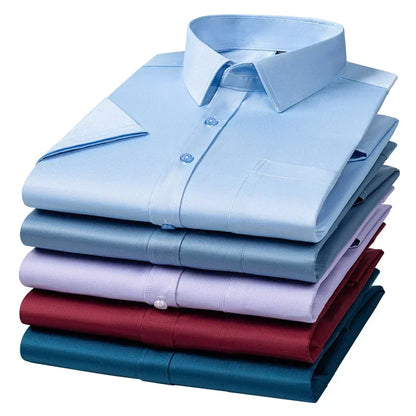 2026 NEW IN Summer Men's Shirt Non-Ironing Anti-Wrinkle Business Casual Solid Color Elastic Smooth Short Sleeves Work Social
