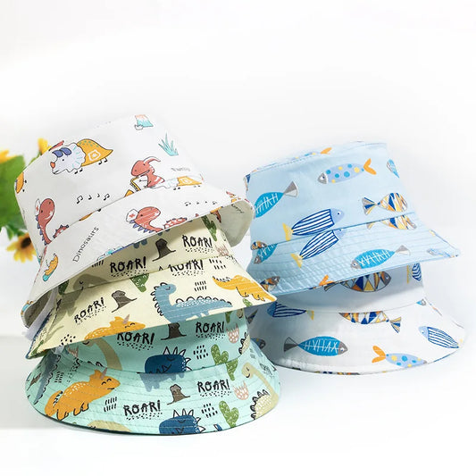 1-3Year Cartoon Print Kids Fisherman Cap Cute Boy Girl Sun Protection Bucket Hat Cotton Breathable Kids Outdoor Sunshade Visors