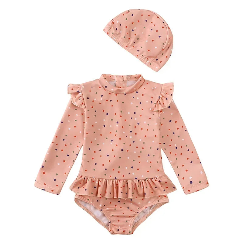 UV Baby Girl Swimsuit One Piece Swimming Jumpsuit Ruffles Bathing Suit SPF 50 Long Sleeve Kids Swimwear for Girls 1-7 Years