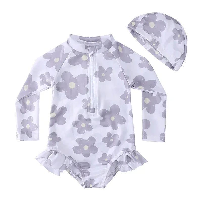 UV Baby Girl Swimsuit One Piece Swimming Jumpsuit Ruffles Bathing Suit SPF 50 Long Sleeve Kids Swimwear for Girls 1-7 Years