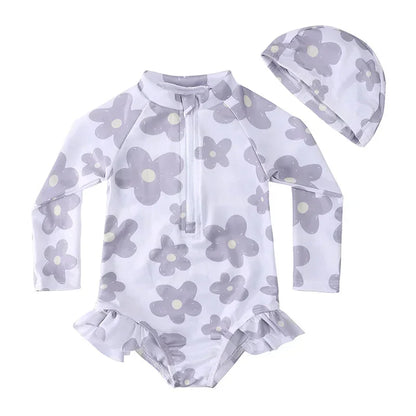 UV Baby Girl Swimsuit One Piece Swimming Jumpsuit Ruffles Bathing Suit SPF 50 Long Sleeve Kids Swimwear for Girls 1-7 Years